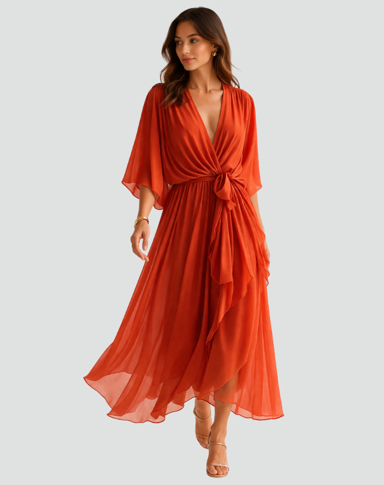 Wrap Midi Dress – Flowing V-Neck Silhouette &amp; Waist Tie