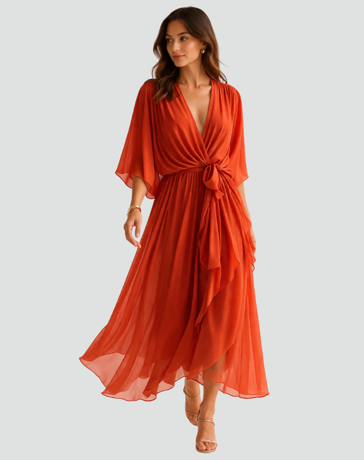 Wrap Midi Dress – Flowing V-Neck Silhouette &amp; Waist Tie
