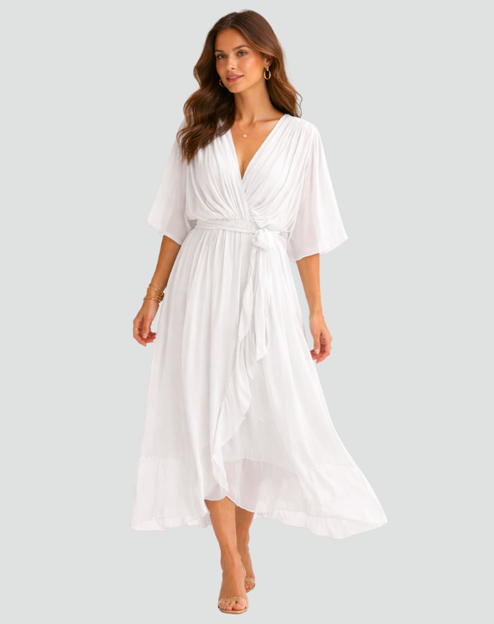 Wrap Midi Dress – Flowing V-Neck Silhouette &amp; Waist Tie