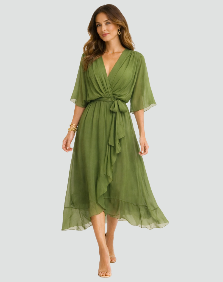 Wrap Midi Dress – Flowing V-Neck Silhouette &amp; Waist Tie
