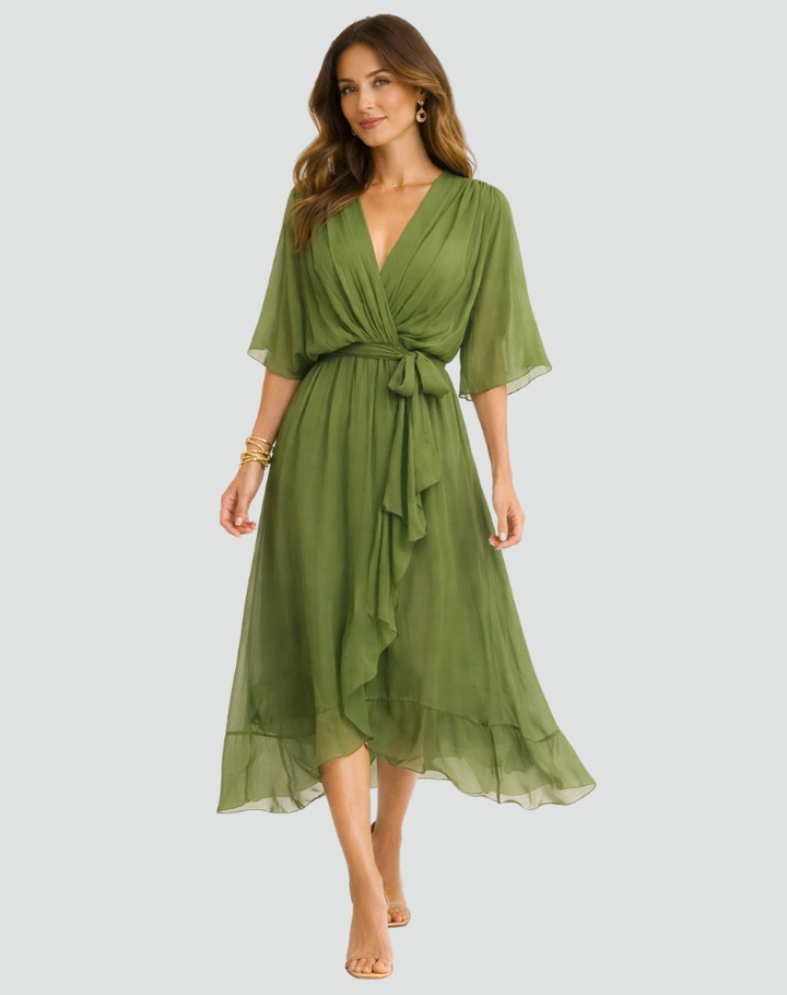 Wrap Midi Dress – Flowing V-Neck Silhouette &amp; Waist Tie