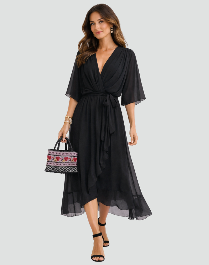 Wrap Midi Dress – Flowing V-Neck Silhouette &amp; Waist Tie