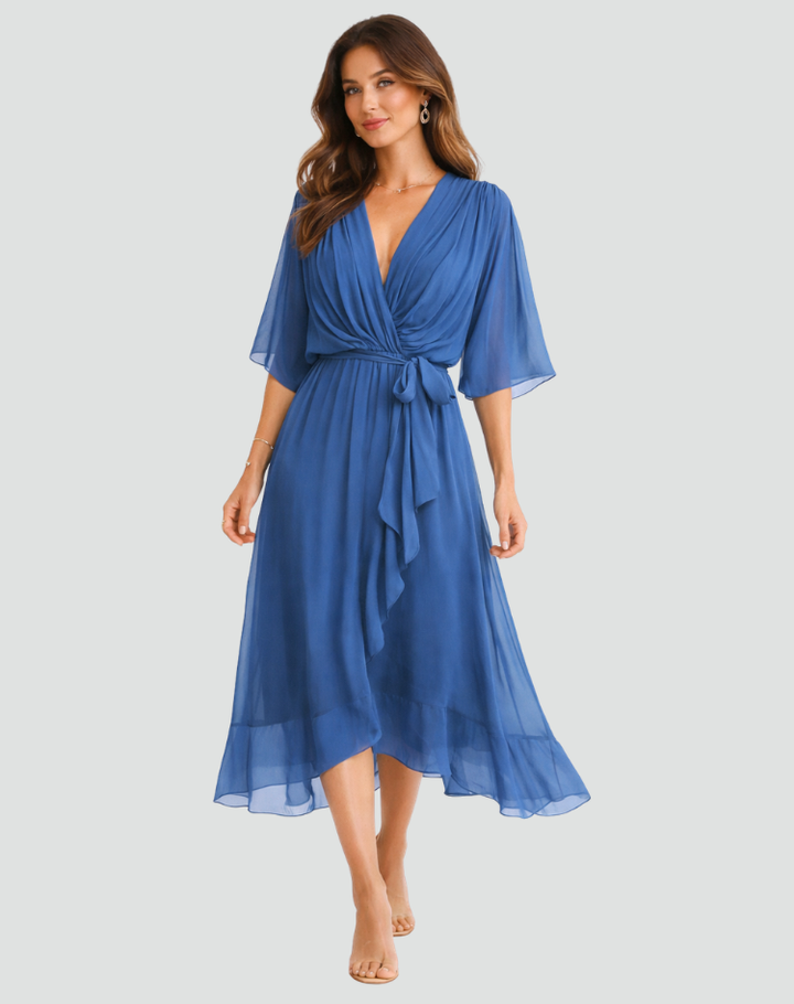 Wrap Midi Dress – Flowing V-Neck Silhouette &amp; Waist Tie