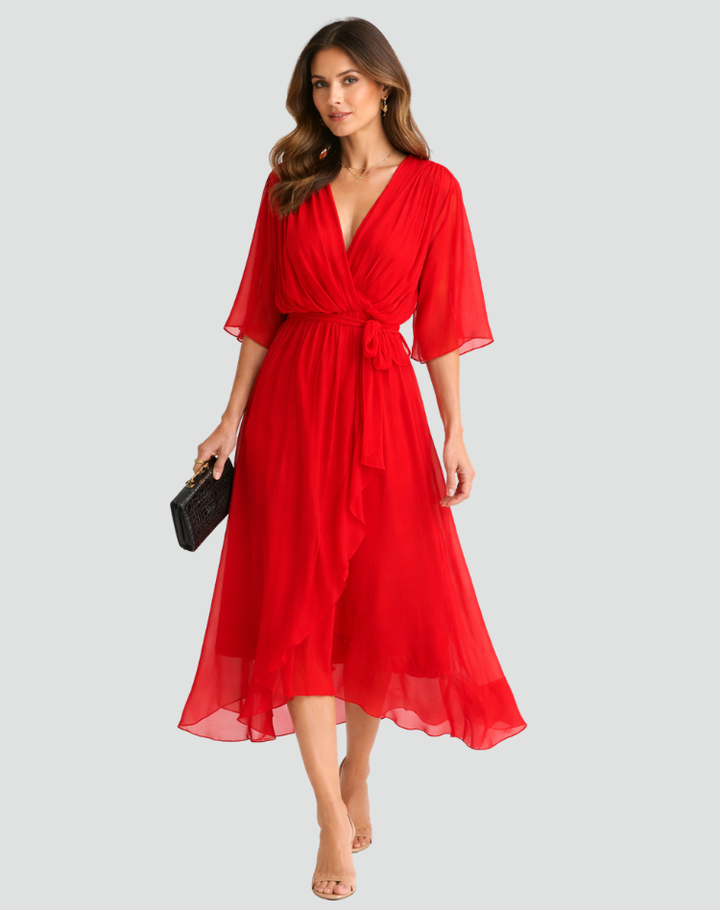 Wrap Midi Dress – Flowing V-Neck Silhouette &amp; Waist Tie