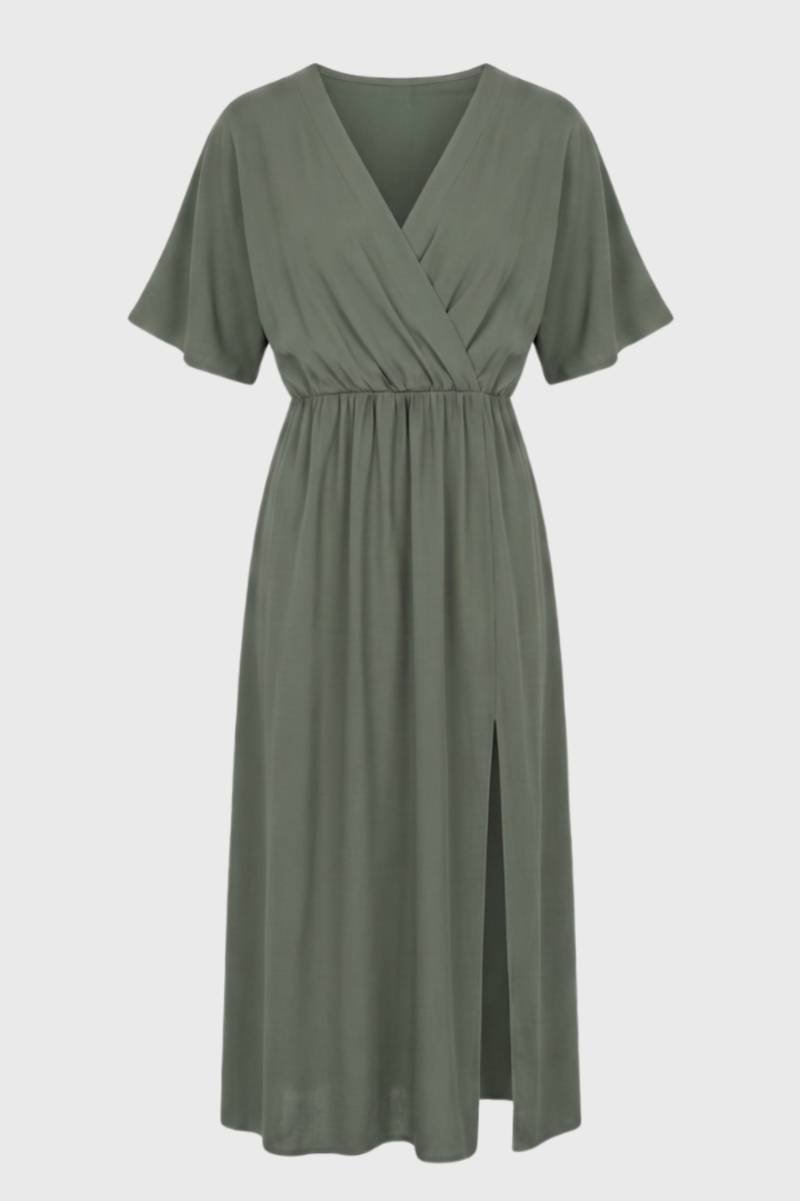 Midi Wrap Dress Women V-Neck – Elegant Flowy Silhouette