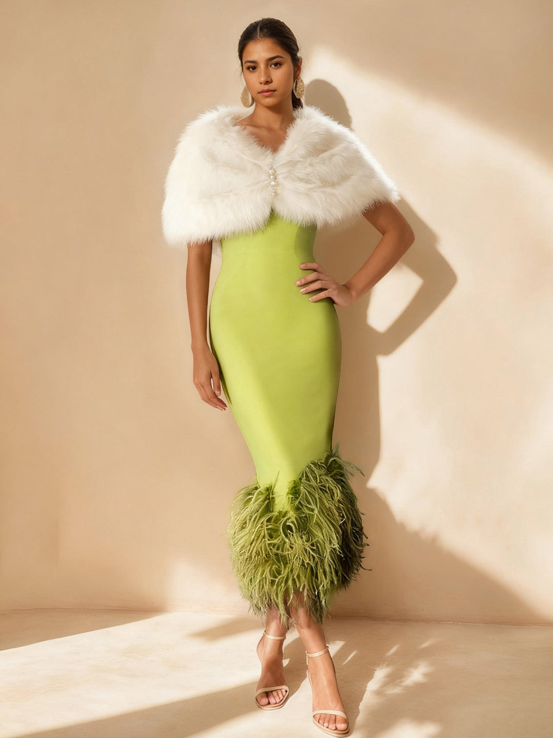 Mother of the Bride Dress Stretch Satin Sheath – Feather Trim Shoulder