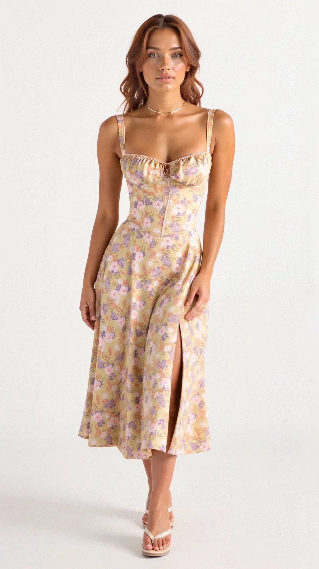Women's Floral Bustier Midi Dress Sleeveless – Midriff Waist Shaper