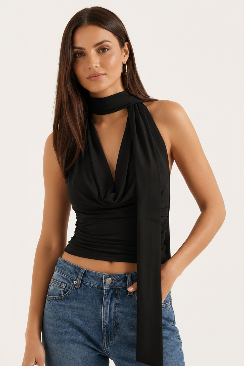 Scarf Neckline Sleeveless Blouse – Ruched Side Fitted Top for Women