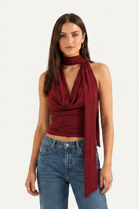 Scarf Neckline Sleeveless Blouse – Ruched Side Fitted Top for Women