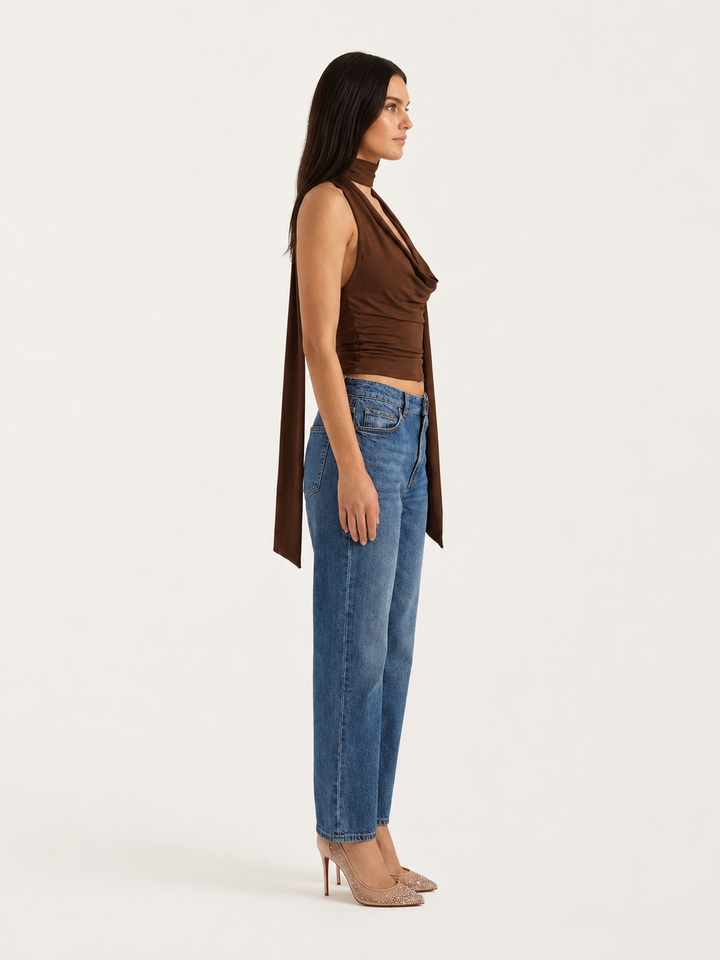 Scarf Neckline Sleeveless Blouse – Ruched Side Fitted Top for Women