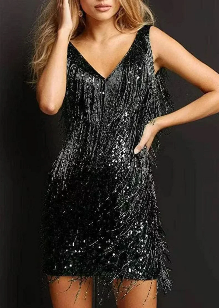Women's Fringe Mini Dress Scoop Neck Sleeveless – Stretch Cocktail