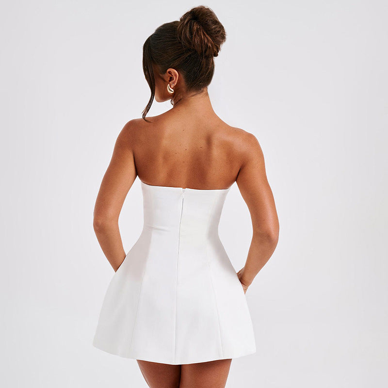 Women's Strapless Mini Dress Structured Bodice – Flared A-Line Woven