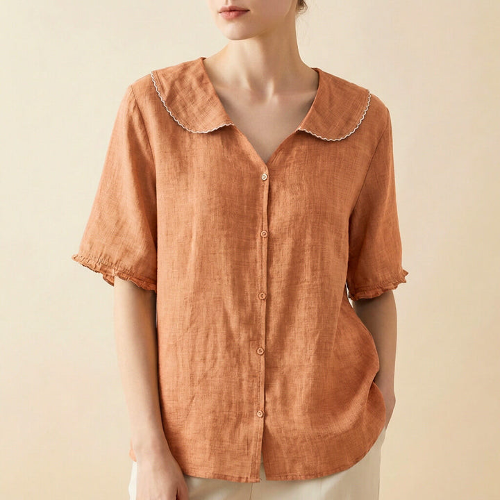 Women's Cotton-Linen Blend Blouse – Oversized Scalloped Collar