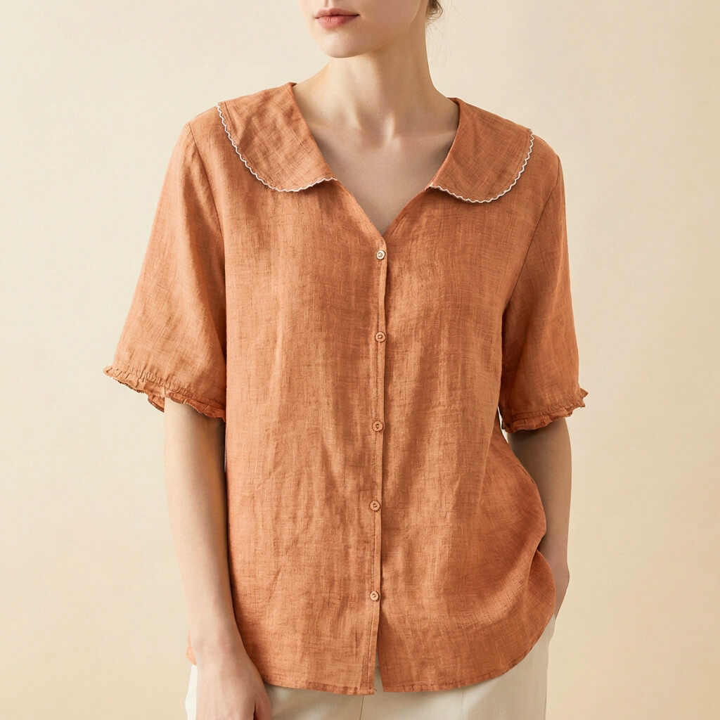 Women's Cotton-Linen Blouse Scalloped Collar – Gathered Short Sleeves
