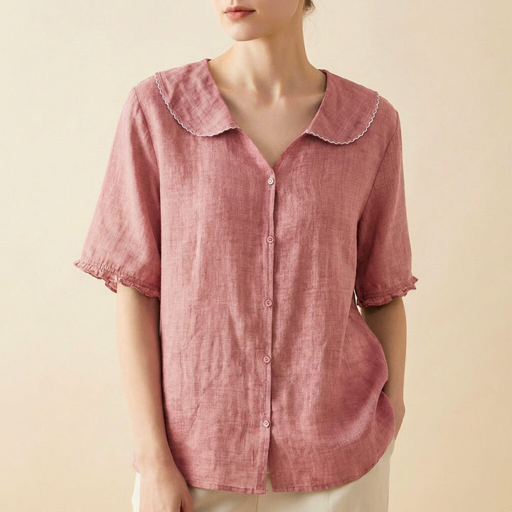 Women's Cotton-Linen Blouse Scalloped Collar – Gathered Short Sleeves