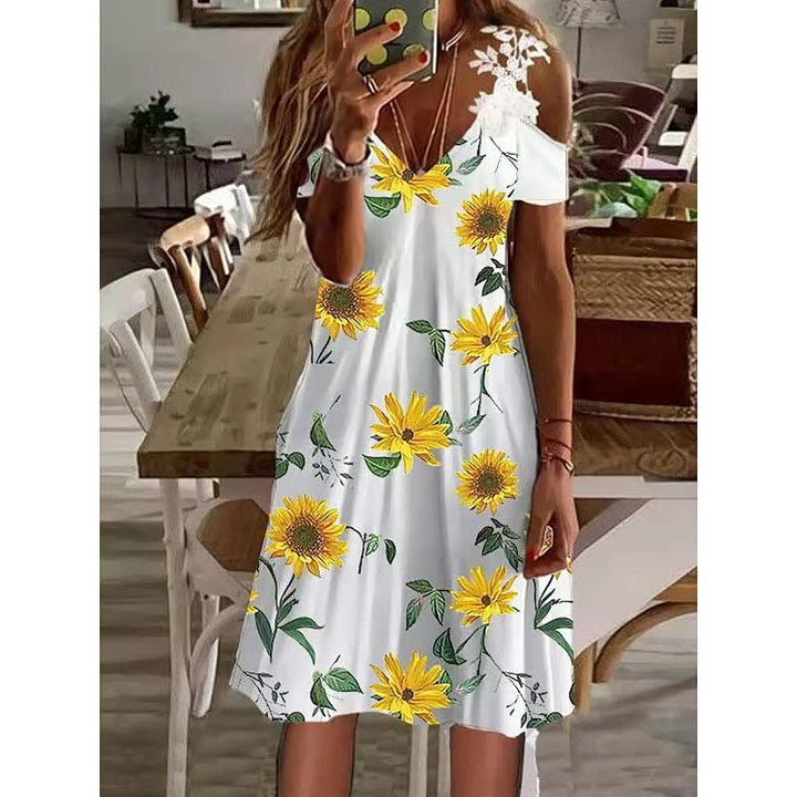 Women's Feather Print Cold Shoulder Mini Dress – A-Line Lightweight
