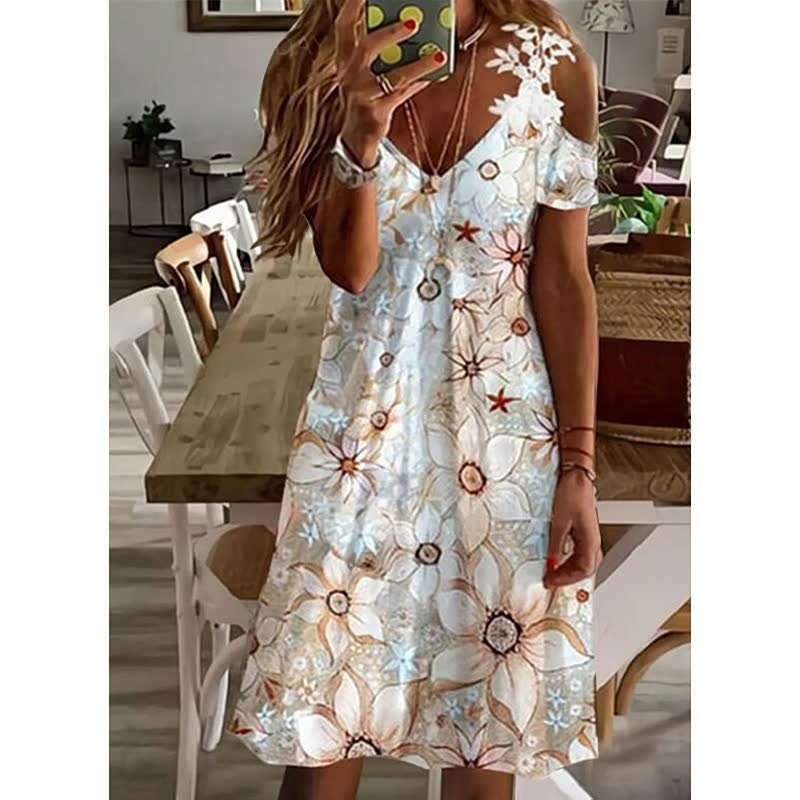 Women's Feather Print Cold Shoulder Mini Dress – A-Line Lightweight