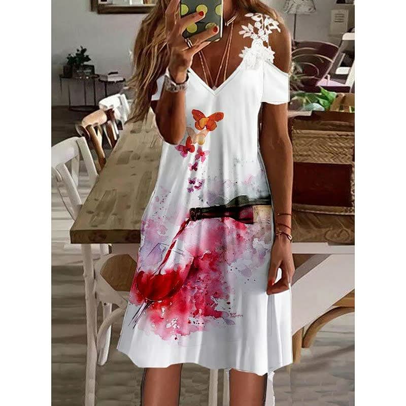 Women's Feather Print Cold Shoulder Mini Dress – A-Line Lightweight