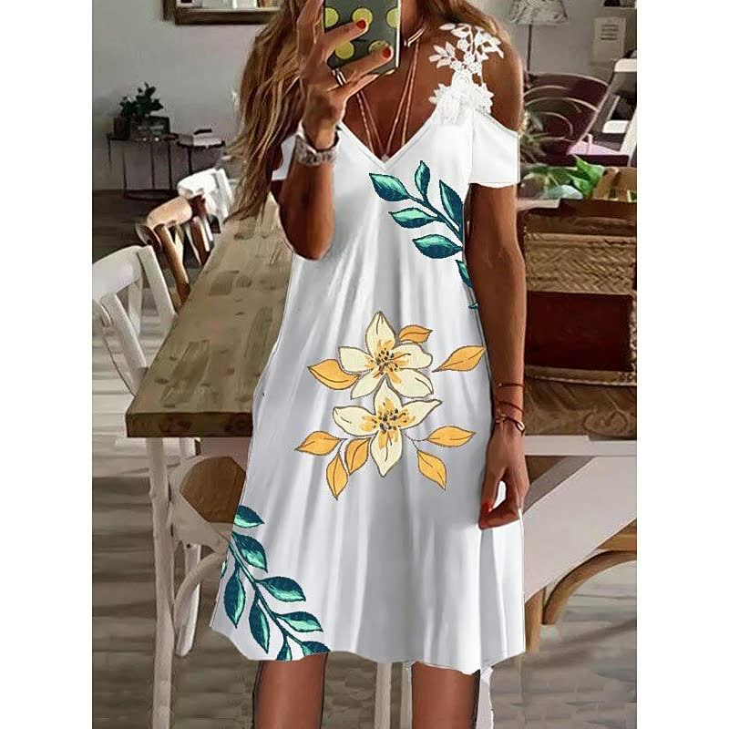 Women's Feather Print Cold Shoulder Mini Dress – A-Line Lightweight