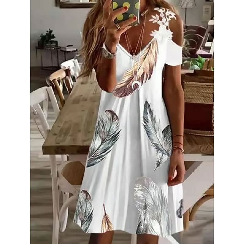 Women's Feather Print Cold Shoulder Mini Dress – A-Line Lightweight