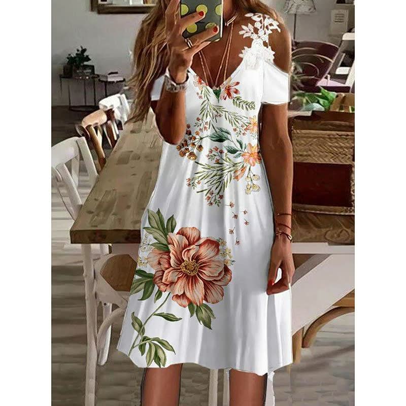 Women's Feather Print Cold Shoulder Mini Dress – A-Line Lightweight