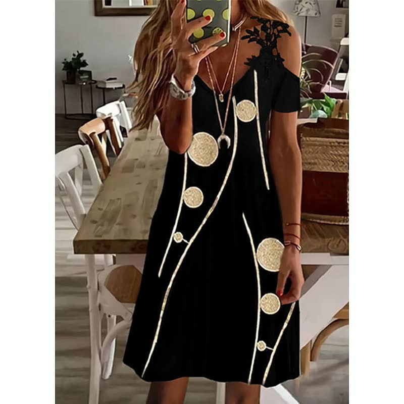 Women's Feather Print Cold Shoulder Mini Dress – A-Line Lightweight