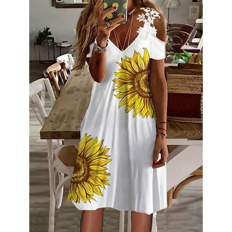 Women's Feather Print Cold Shoulder Mini Dress – A-Line Lightweight
