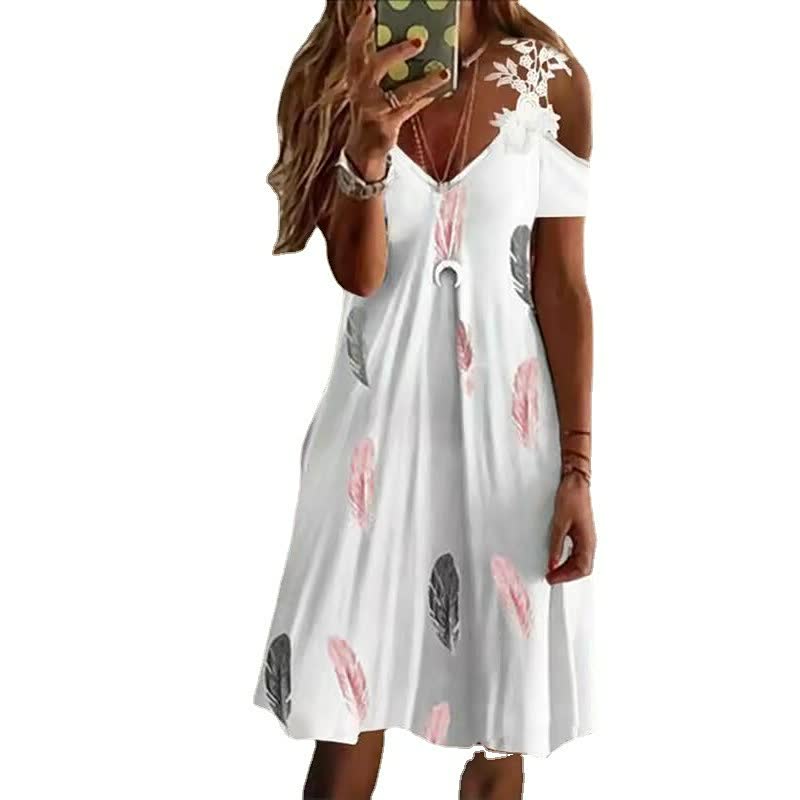 Women's Feather Print Cold Shoulder Mini Dress – A-Line Lightweight