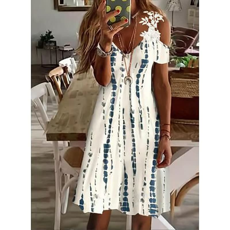 Women's Feather Print Cold Shoulder Mini Dress – A-Line Lightweight