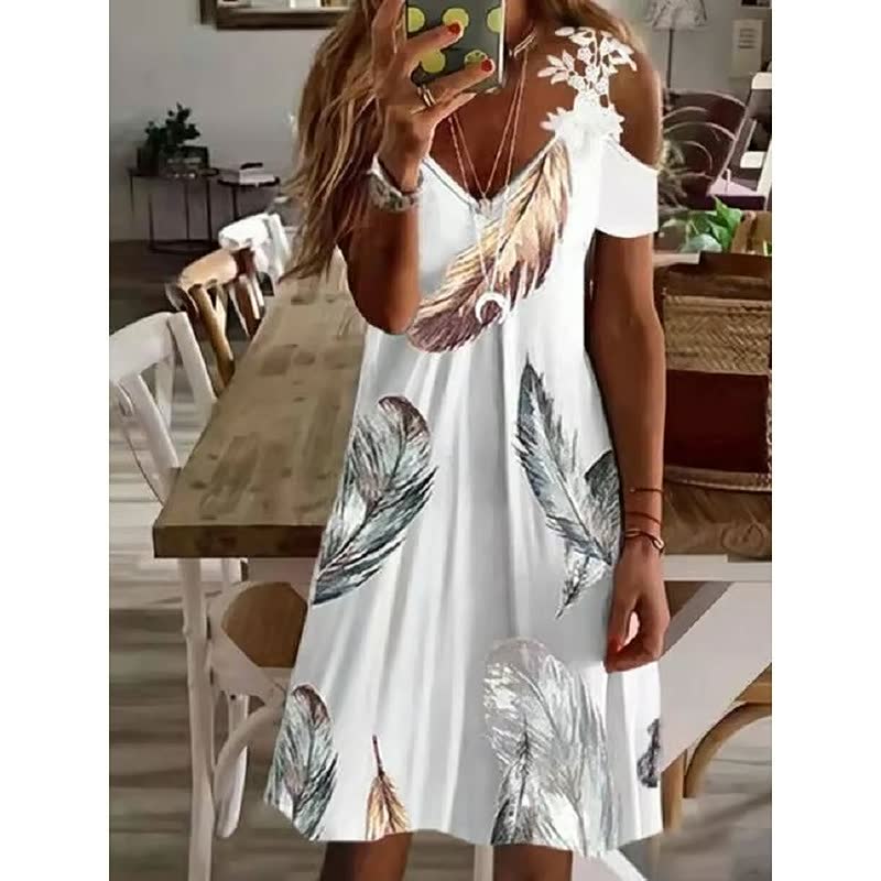Women's Feather Print Cold Shoulder Mini Dress – A-Line Lightweight