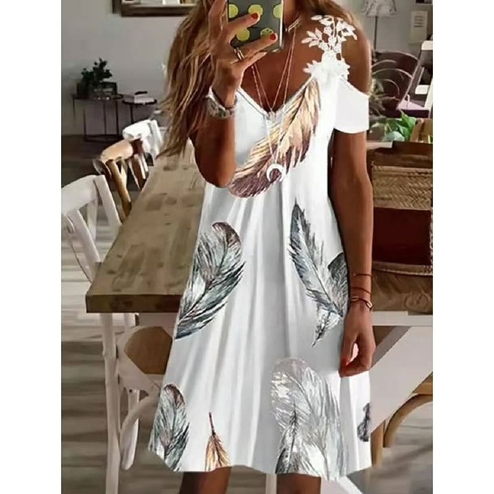 Women's Feather Print Cold Shoulder Mini Dress – A-Line Lightweight