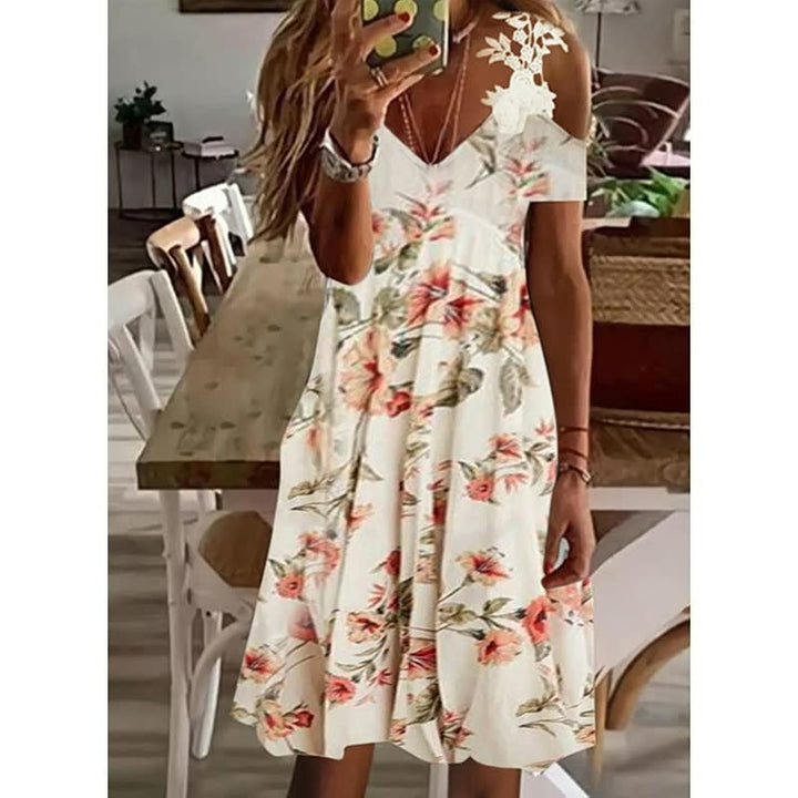 Women's Feather Print Cold Shoulder Mini Dress – A-Line Lightweight