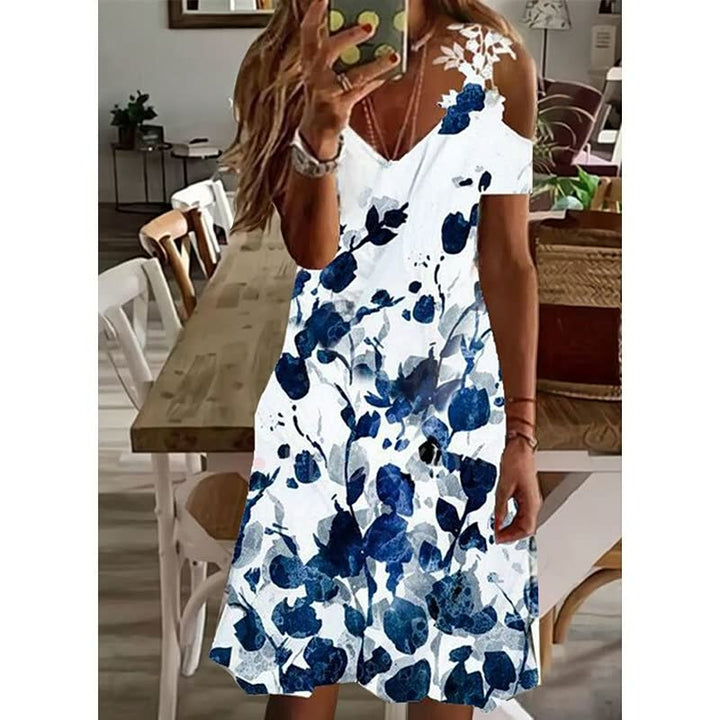 Women's Feather Print Cold Shoulder Mini Dress – A-Line Lightweight