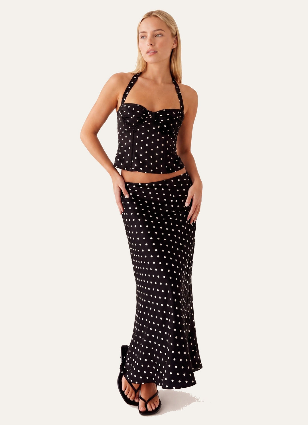 Women's Polka Dot Two-Piece Corset Halter Top – Tie Neck Open Back