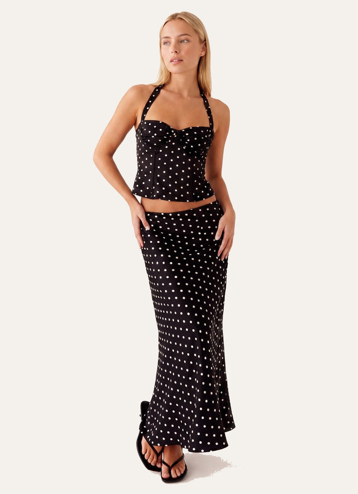 Women's Polka Dot Two-Piece Corset Halter Top – Tie Neck Open Back
