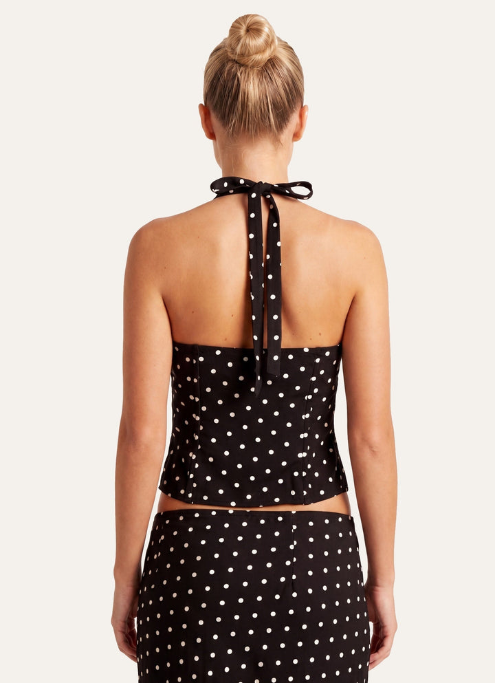 Women's Polka Dot Two-Piece Corset Halter Top – Tie Neck Open Back
