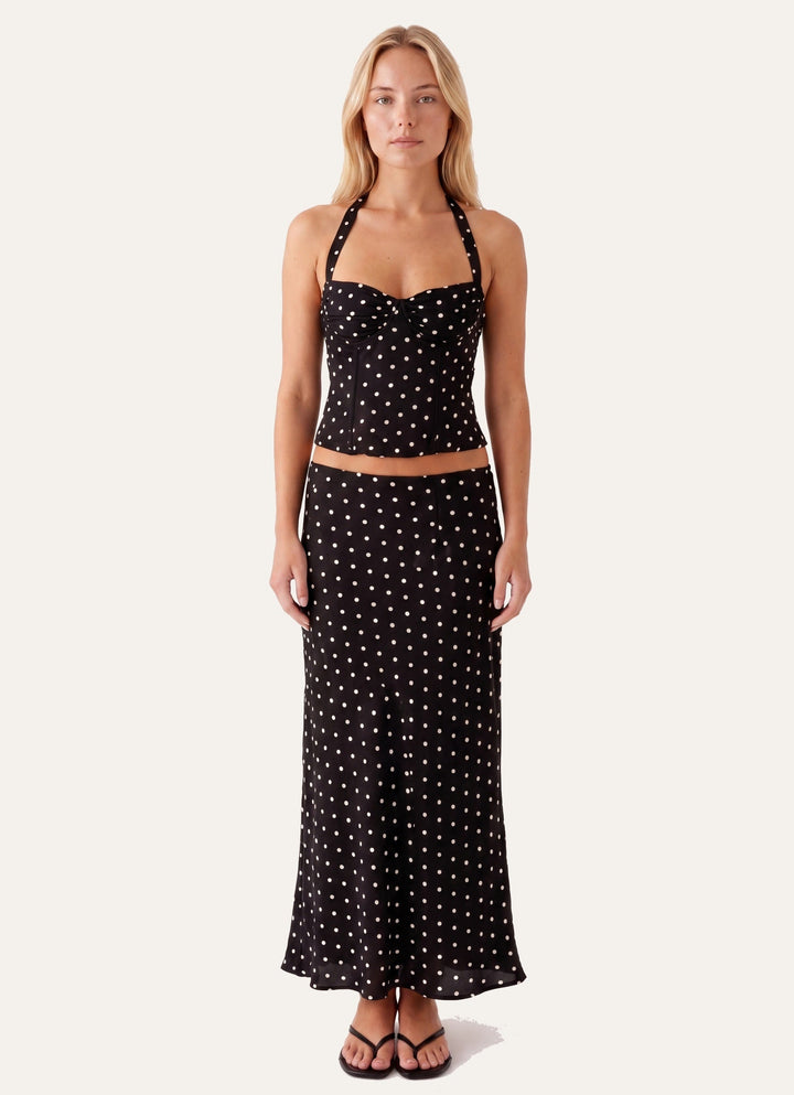 Women's Polka Dot Two-Piece Corset Halter Top – Tie Neck Open Back