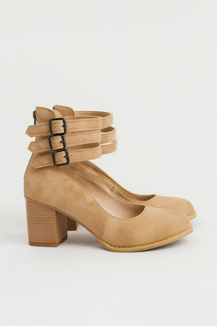 Women's Block Heel Ankle Strap – Triple Buckle Round Toe