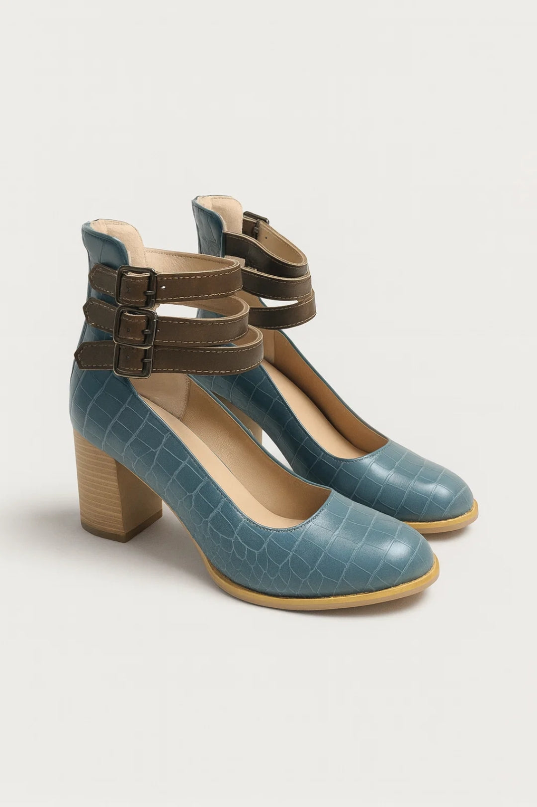 Women's Block Heel Ankle Strap – Triple Buckle Round Toe
