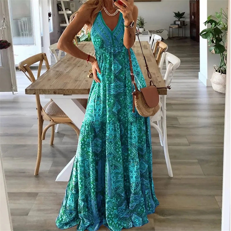 Women's Boho V-Neck Maxi Dress Spaghetti Straps – Flowy Draped
