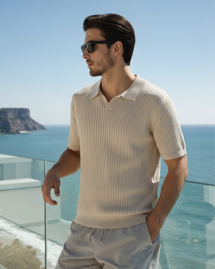 Men's Ribbed Knit Short Sleeve Polo Shirt – Relaxed Structured Fit