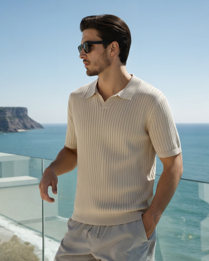 Men's Ribbed Knit Short Sleeve Polo Shirt – Relaxed Structured Fit