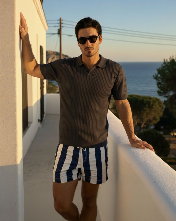 Men's Ribbed Knit Short Sleeve Polo Shirt – Relaxed Structured Fit