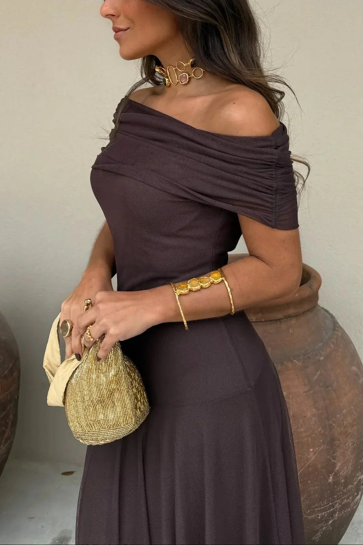 Pleated One-Shoulder Maxi Dress – Flowy Fluid Fabric