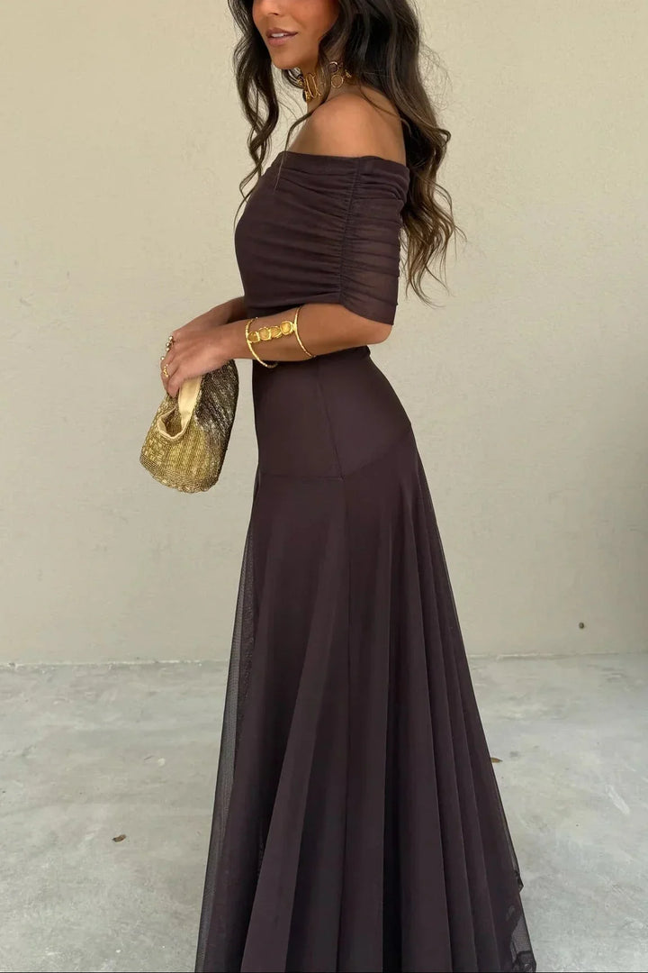 Pleated One-Shoulder Maxi Dress – Flowy Fluid Fabric