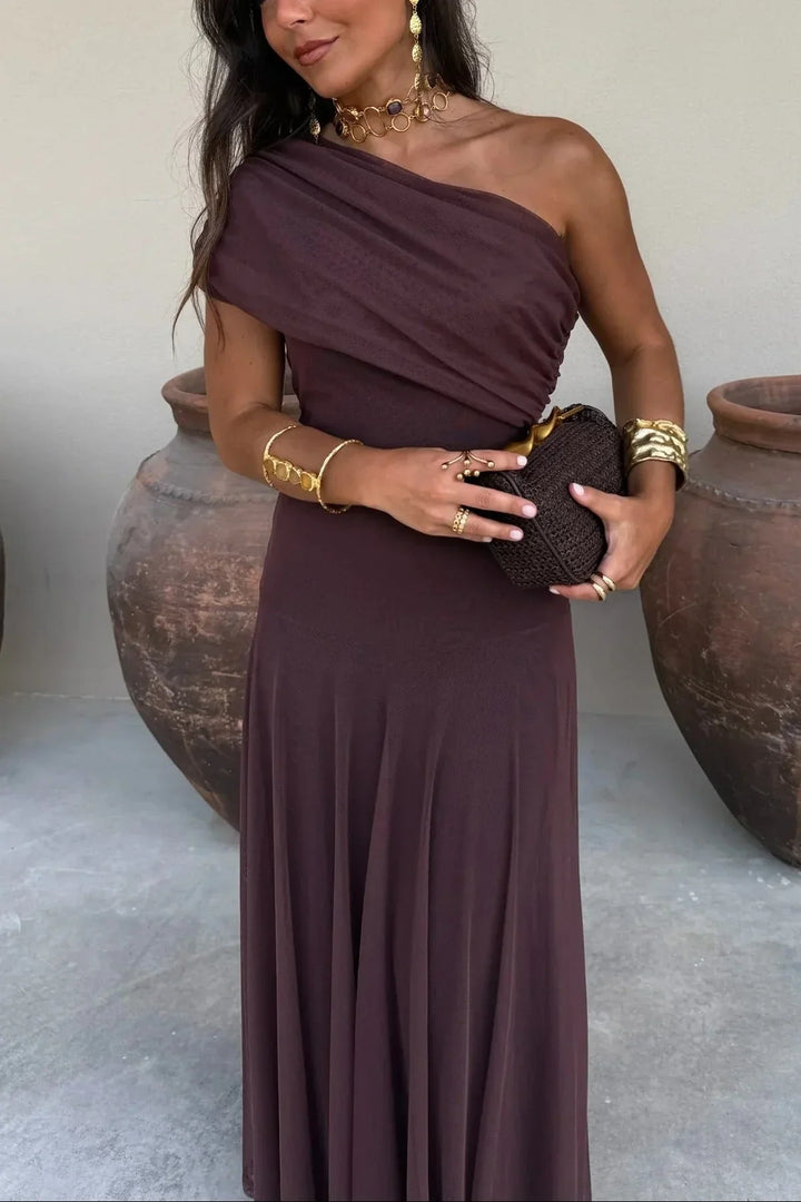 Pleated One-Shoulder Maxi Dress – Flowy Fluid Fabric