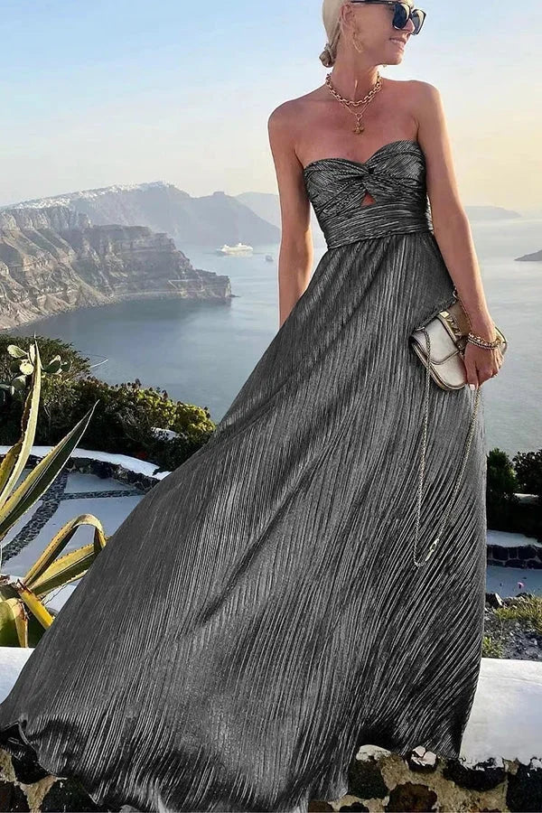 Shimmer Pleated Bustier Maxi Dress – Sleeveless Gown