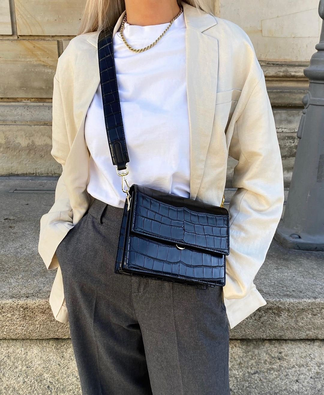 Croc-Effect Structured Flap Shoulder Bag for Women