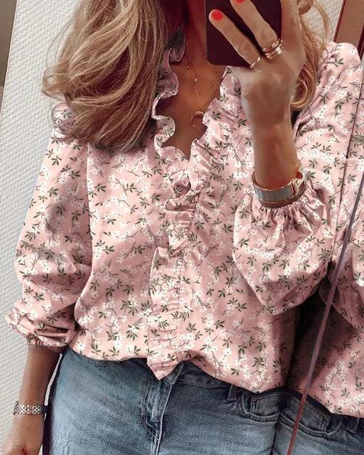 Women's Ruffle V-Neck Blouse Long Sleeve – Flowing Feminine Summer