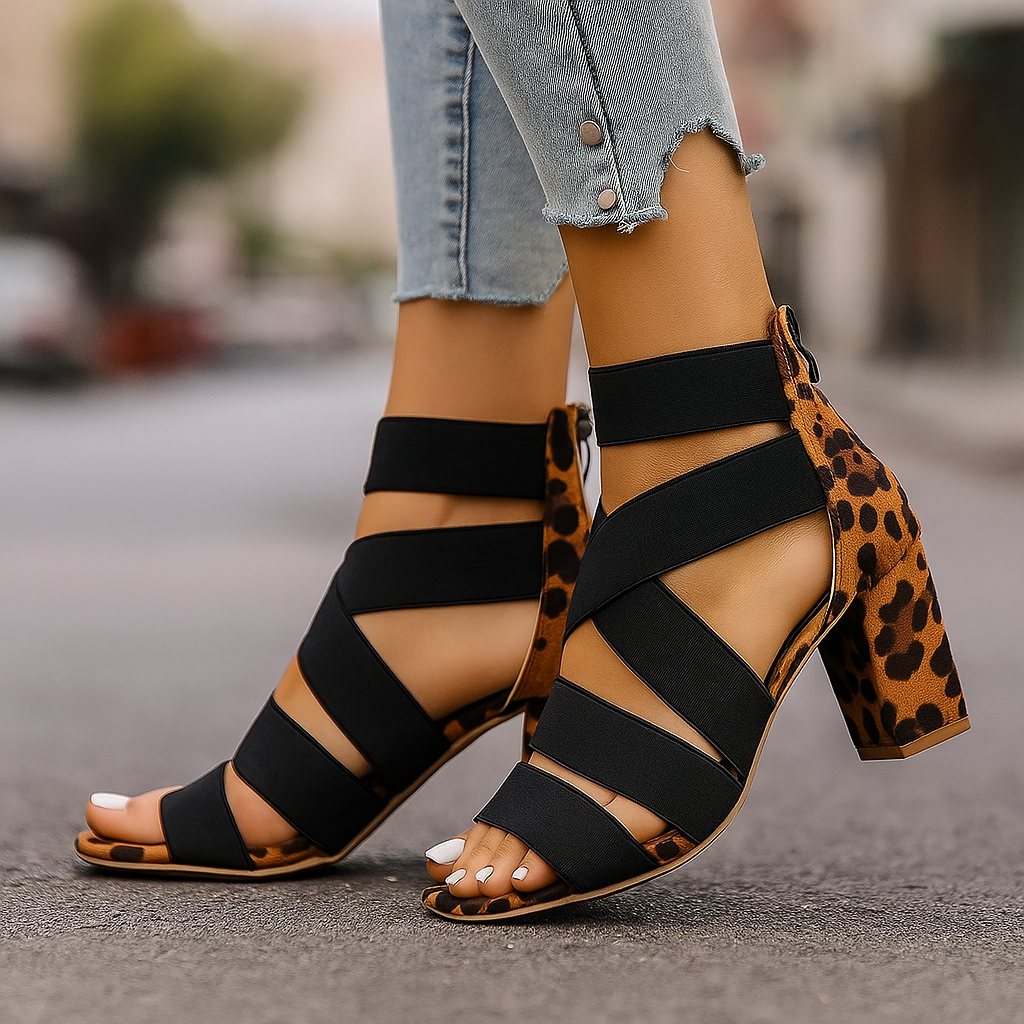 Block Heel Sandals for Women – Printed Multi-Strap Open Toe